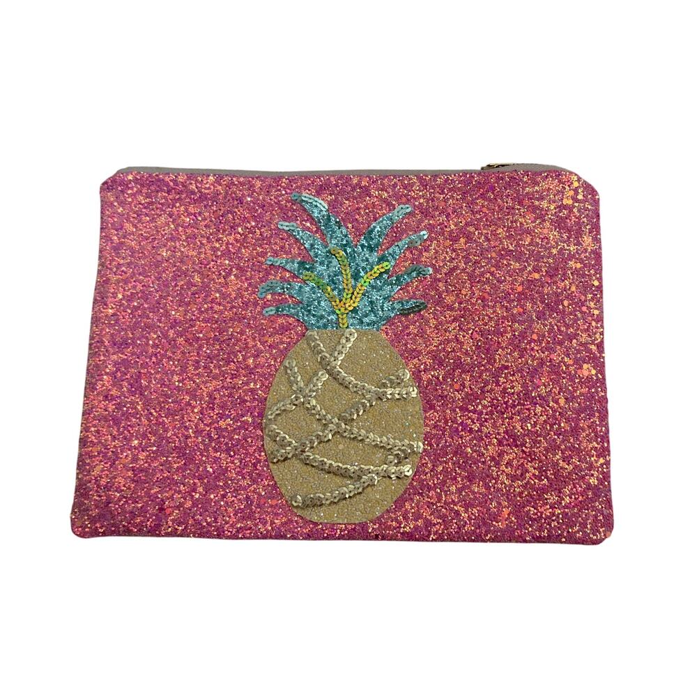 Suki Sabur Pink Glitter Pineapple Clutch Cosmetic Bag Pouch Paisley Lining - Picture 2 of 5